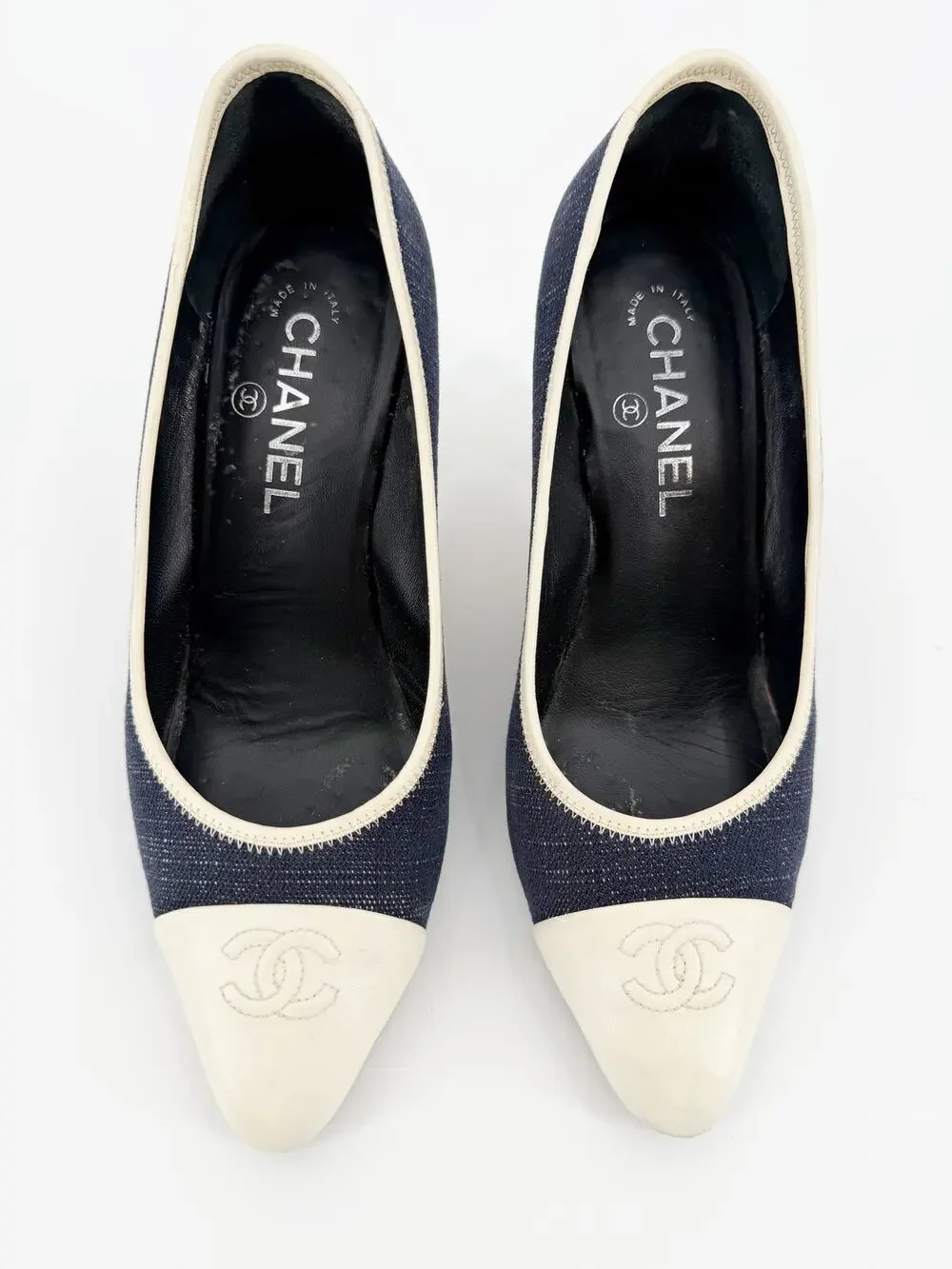 Chanel Chain Heel CC Denim Cap Toe Black Ivory Navy Pumps Block Heel 39 Box